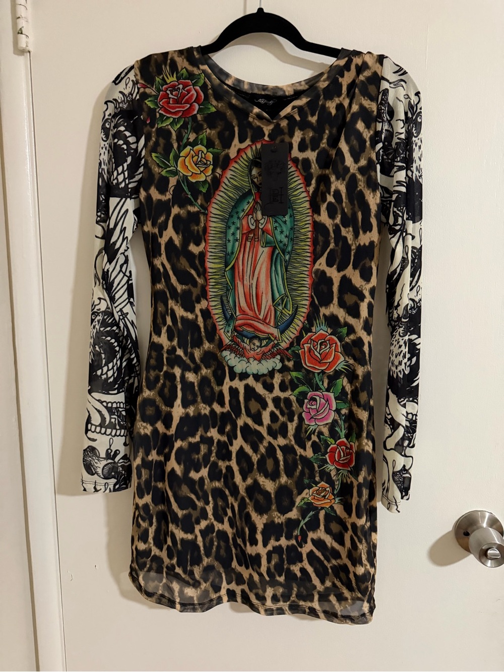 Fashion Nova Leopard Print Long Sleeve Dress with Colorful Virgin Mary Motif